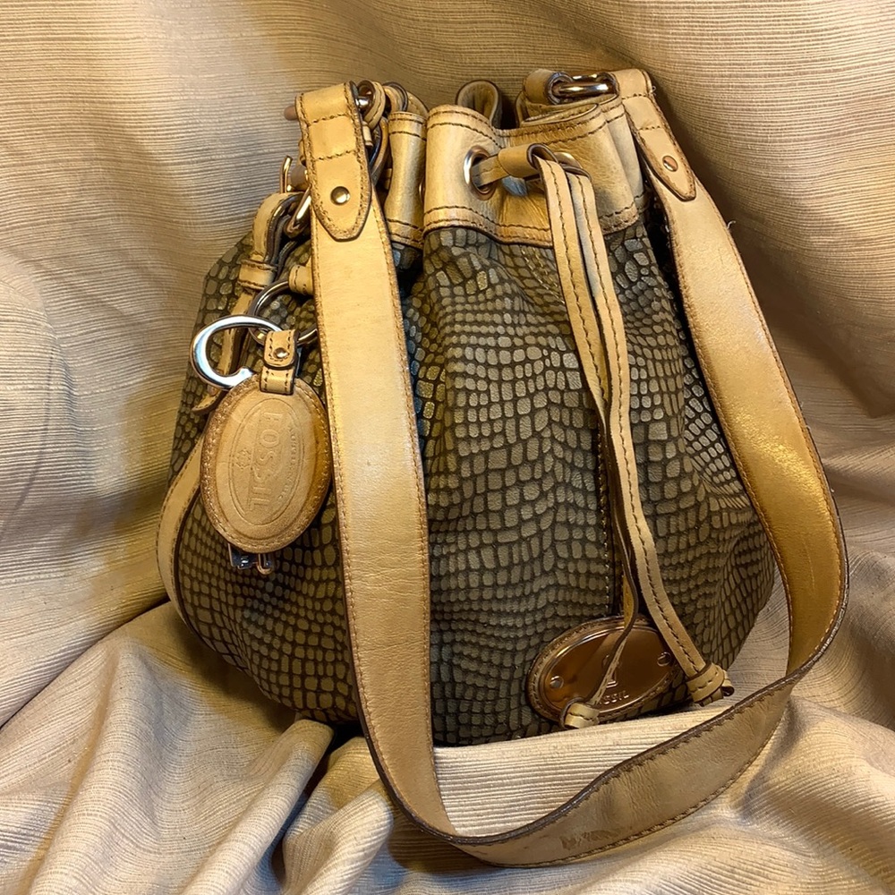 Fossil leather draw-string bucket shoulder bag